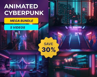 May include: A mega bundle of 5 animated cyberpunk videos with neon lights and futuristic cityscapes. Save 30% on this bundle.
