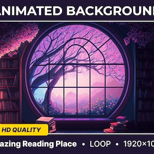 Può includere: Sfondo animato con una biblioteca con scaffali e una grande finestra rotonda che si affaccia su un paesaggio rosa e viola con un albero. Il testo "Amazing Reading Place - LOOP - 1920x1080" è in basso nell'immagine.