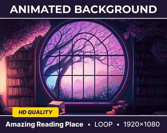 Pode incluir: Fundo animado que apresenta uma biblioteca com estantes e uma grande janela redonda com vista para uma paisagem rosa e roxa com uma árvore. O texto "Amazing Reading Place - LOOP - 1920x1080" está na parte inferior da imagem.