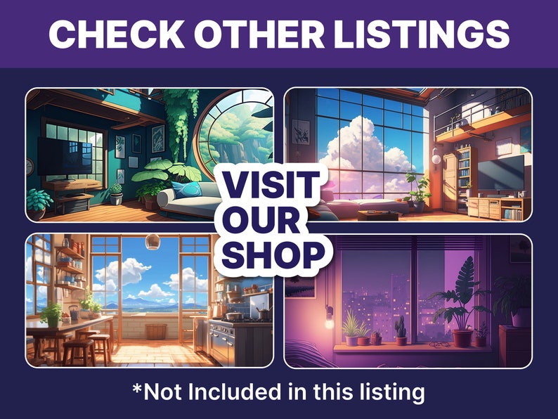 Puede incluir: Cuatro ilustraciones diferentes de habitaciones con ventanas, cada una con una vista diferente. El texto "VISITA NUESTRA TIENDA" est&aacute; en el centro de la imagen. El texto "*No incluido en esta lista" est&aacute; en la parte inferior de la imagen.