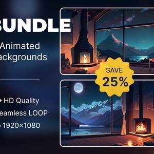 Könnte beinhalten: Ein Bundle mit zwei animierten Hintergründen, die ein gemütliches Zimmer mit einem Kamin und einen Blick auf eine Bergkette und einen See bei Nacht zeigen. Die Hintergründe sind 1920x1080 Pixel groß und bieten HD-Qualität mit nahtlosem Looping. Sparen Sie 25% auf dieses Bundle.