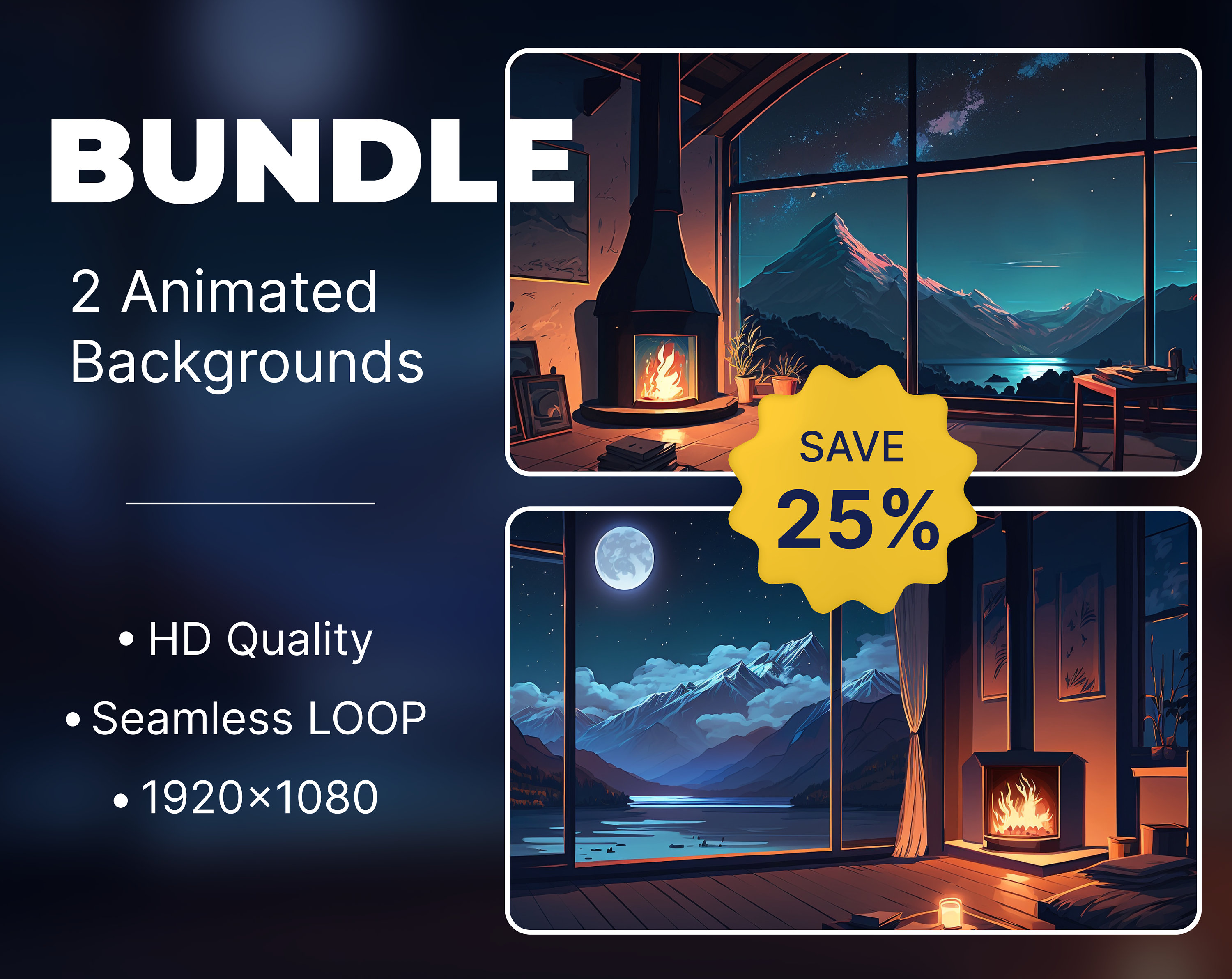 Animated Virtual Background Cozy Room Fireplace Bundle Looped Vtuber