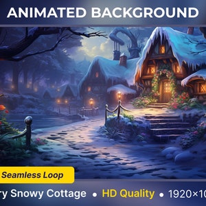 May include: Animated background featuring a snowy cottage with a glowing window and a path leading to it. The cottage is surrounded by trees and snow, and the sky is a dark blue with stars. The text "Seamless Loop" is visible in the lower left corner. The text "Fairy Snowy Cottage" is visible in the lower left corner. The text "HD Quality" is visible in the lower center. The text "1920x1080" is visible in the lower right corner.