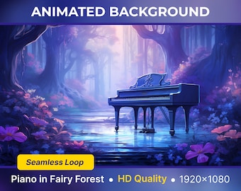 Animated twitch overlay Piano in Forest Twitch screen looped Vtuber Background Twitch scene fantasy vtuber room Fantasy Twitch Overlay