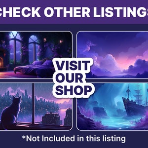 Puede incluir: Un collage de cuatro ilustraciones digitales que muestran un dormitorio con una chimenea, una ciudad con un gato mirando por una ventana, un cielo nublado con una puesta de sol rosa y un barco hundido en un oc&eacute;ano azul oscuro. El texto "VISIT OUR SHOP" est&aacute; superpuesto a la imagen.