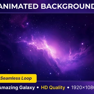 Pode incluir: Fundo animado com uma galáxia roxa com estrelas e uma nebulosa. O texto "Seamless Loop" é exibido em uma caixa amarela. O texto "Amazing Galaxy", "HD Quality" e "1920x1080" é exibido abaixo da imagem.