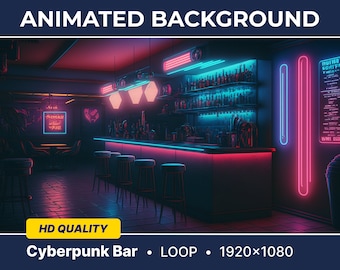 Pode incluir: Fundo animado de um bar cyberpunk com luzes de néon, um balcão, banquetas e um menu. O bar é iluminado por luzes de néon rosa e azul. O menu tem o texto "I1001 SCHIFF" e "LEVEL CASH".