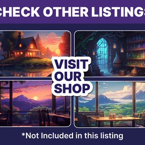 Puede incluir: Cuatro ilustraciones digitales de diferentes escenas. La primera escena es una caba&ntilde;a junto a un lago al atardecer. La segunda escena es una habitaci&oacute;n con un arco de piedra y estantes de botellas. La tercera escena es una vista desde una ventana de una cordillera al atardecer. La cuarta escena es una vista desde una ventana de un valle verde. El texto "VISIT OUR SHOP" est&aacute; en el centro de la imagen.