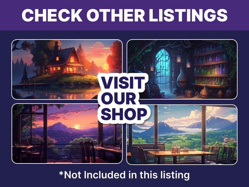 Puede incluir: Cuatro ilustraciones digitales de diferentes escenas. La primera escena es una caba&ntilde;a junto a un lago al atardecer. La segunda escena es una habitaci&oacute;n con un arco de piedra y estantes de botellas. La tercera escena es una vista desde una ventana de una cordillera al atardecer. La cuarta escena es una vista desde una ventana de un valle verde. El texto "VISIT OUR SHOP" est&aacute; en el centro de la imagen.