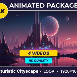 Peut inclure: Un pack d'animation de ville futuriste avec 4 vidéos en qualité HD. L'animation présente une ville avec des bâtiments hauts, une grande lune et une étoile filante. Le texte "4 VIDÉOS" et "QUALITÉ HD" est affiché sur l'image.