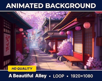 May include: An animated background featuring a narrow, colorful alleyway in a Japanese-style city. The alley is lined with traditional buildings with red lanterns and cherry blossom trees. The background is a loop animation with a resolution of 1920x1080 pixels.