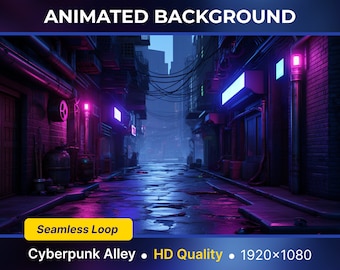 May include: Animated background of a cyberpunk alley with neon lights and a seamless loop. The alley is dark and wet, with a brick wall on the right and a building on the left. The text "Cyberpunk Alley" is at the bottom of the image.