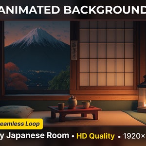 Puede incluir: Un fondo animado que presenta una acogedora habitación japonesa con vistas al monte Fuji a través de una ventana. La habitación está iluminada por una linterna y tiene un suelo tradicional de tatami. El fondo es perfecto para crear un ambiente relajante y sereno.