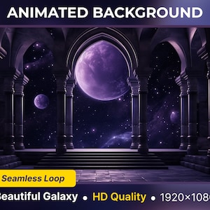 Pode incluir: Um fundo animado com um planeta roxo e estrelas em uma galáxia, visto através de uma série de arcos em uma estrutura de pedra escura. O texto "Seamless Loop" é visível no canto inferior esquerdo. O texto "Beautiful Galaxy • HD Quality • 1920x1080" é visível no canto inferior direito.