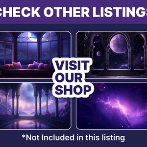 Puede incluir: Cuatro im&aacute;genes digitales de arte de un paisaje de fantas&iacute;a con un cielo nocturno estrellado, una luna y un gran arco. Las im&aacute;genes est&aacute;n en un formato de collage con el texto "VISITA NUESTRA TIENDA" en el centro. El texto "*No incluido en esta lista" est&aacute; en la parte inferior de la imagen.