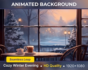 Può includere: Una scena di sfondo animata di una calda serata invernale. Un tavolo con due tazze di caffè si trova di fronte a una grande finestra che si affaccia su un paesaggio innevato. La scena include il testo "Animated Background", "Seamless Loop", "Cozy Winter Evening", "HD Quality" e "1920x1080".