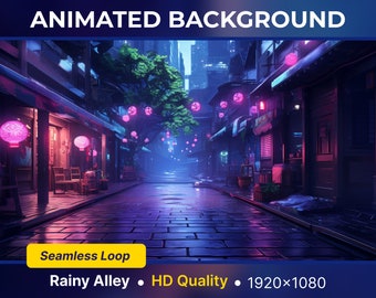 Fondo virtual animado Callejón lluvioso Fondo de Vtuber en bucle Twitch Streaming Vtuber Sala superposición de contracción Escena de contracción animada arte lofi