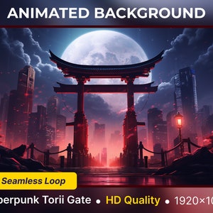 Könnte beinhalten: Animierter Hintergrund mit einem roten Torii-Tor in einer Cyberpunk-Stadt mit einem Vollmond am Himmel. Das Tor wird von einem roten Schein beleuchtet und die Stadt ist voller roter und blauer Lichter. Der Text "Seamless Loop" ist in der linken unteren Ecke sichtbar. Der Text "Cyberpunk Torii Gate" ist in der linken unteren Ecke sichtbar. Der Text "HD Quality" ist in der rechten unteren Ecke sichtbar. Der Text "1920x1080" ist in der rechten unteren Ecke sichtbar.