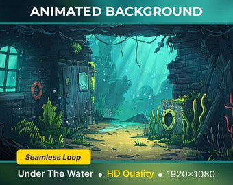 Könnte beinhalten: Ein animierter Hintergrund mit einer dunklen Unterwasserszene mit einem Steinbau, einer Holztür und Seegras. Der Hintergrund ist eine nahtlose Schleife und in HD-Qualität. Der Text "Under The Water" befindet sich am unteren Rand des Bildes.