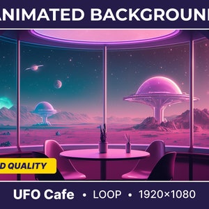 Animated Virtual Background Futuristic UFO Cafe seamless Looped Vtuber Background Twitch Streaming Moving Wallpaper Loop