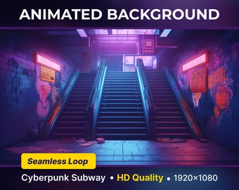 Pode incluir: Fundo animado de um metro cyberpunk com dois conjuntos de escadas rolantes, grafites nas paredes e luzes de néon. O fundo é um loop sem fim e em qualidade HD.