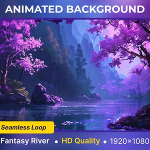 Könnte beinhalten: Animierter Hintergrund mit einem Fantasy-Fluss, der durch einen violetten Wald mit rosa Bäumen und blauen Bergen fließt. Der Text "Seamless Loop" befindet sich in einem gelben Kasten am unteren Rand des Bildes. Der Text "Fantasy River", "HD Quality" und "1920x1080" befindet sich am unteren Rand des Bildes.