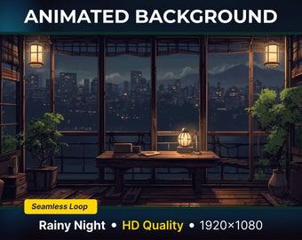 Fondo animado Noche lluviosa Lofi Vtuber Fondo Twitch Streaming Lofi Twitch superposición en bucle vtuber habitación pantalla de contracción escena de contracción