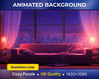 Fondo animado Acogedor púrpura Lofi Vtuber Fondo Twitch Streaming Lofi Twitch superposición en bucle vtuber habitación pantalla de contracción lofi escena