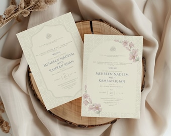 Elegancki zestaw zaproszeń Nikkah i Walima: Ivory Bloom, cyfrowe szablony Canva