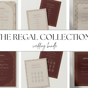 The Regal Collection-bruiloftbundel - Nikkah & Walima-uitnodigingen, welkomstbord, tafelschikking, reisplan - moslim, desi, Arabisch, Pakistaanse bruiloft