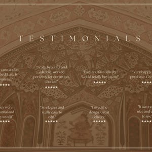 Może przedstawiać: Obraz w odcieniach sepii ze słowem &bdquo;TESTIMONIALS&rdquo; w eleganckiej typografii. Tło przedstawia zdobiony projekt architektoniczny z łukowatymi detalami i skomplikowanymi wzorami. Wyświetlane są recenzje klient&oacute;w z ocenami gwiazdkami.