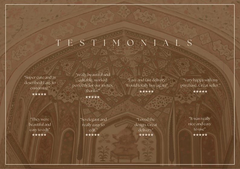Może przedstawiać: Obraz w odcieniach sepii ze słowem &bdquo;TESTIMONIALS&rdquo; w eleganckiej typografii. Tło przedstawia zdobiony projekt architektoniczny z łukowatymi detalami i skomplikowanymi wzorami. Wyświetlane są recenzje klient&oacute;w z ocenami gwiazdkami.