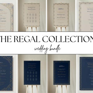 May include: A set of six printable wedding signs with a regal theme. The signs feature a blue and gold color scheme with intricate geometric patterns and floral accents. The text on the signs includes the names "Mehreen Ali" and "Waleed Khan".
