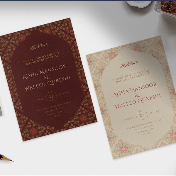 Classic Elegance Muslim Desi Nikkah, Walima, Vivah, and Reception digital wedding invitation template (Set of 2) - Red