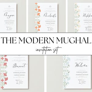 Nikkah, Walima, Desi Wedding, casamento paquistanês, modelo de convite digital para casamento muçulmano (conjunto de 5) - Minimalismo Mughal tradicional
