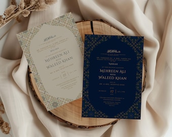 Zestaw muzułmańskich zaproszeń ślubnych w kolorze Royal Blue: Nikkah i Walima (zestaw 2 kart z szablonami cyfrowymi)