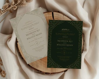 Zestaw szmaragdowych muzułmańskich zaproszeń ślubnych: Nikkah Walima, karta ślubna Desi (szablon cyfrowy)