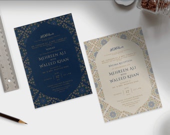 Modèle d'invitation de mariage numérique Classic Elegance Muslim Desi Nikkah, Walima, Vivah et Réception (ensemble de 2) - Bleu marine