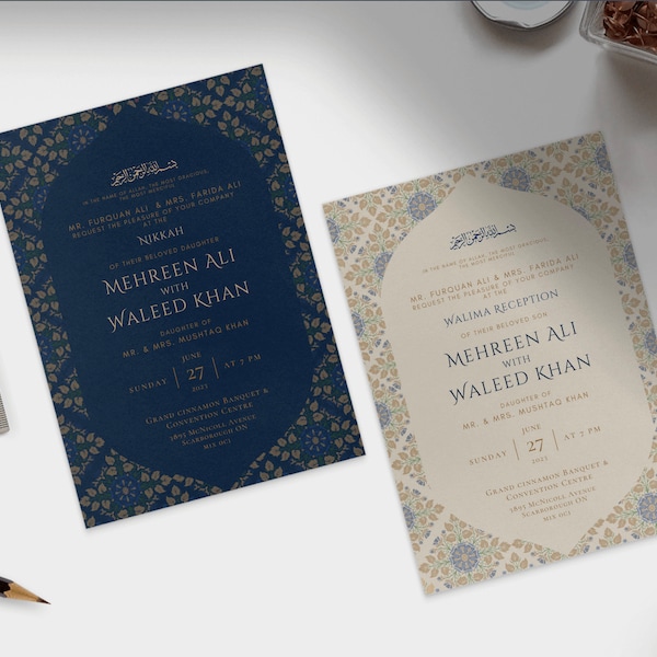 Classic Elegance Muslim Desi Nikkah, Walima, Vivah, and Reception digital wedding invitation template (Set of 2) - Navy Blue