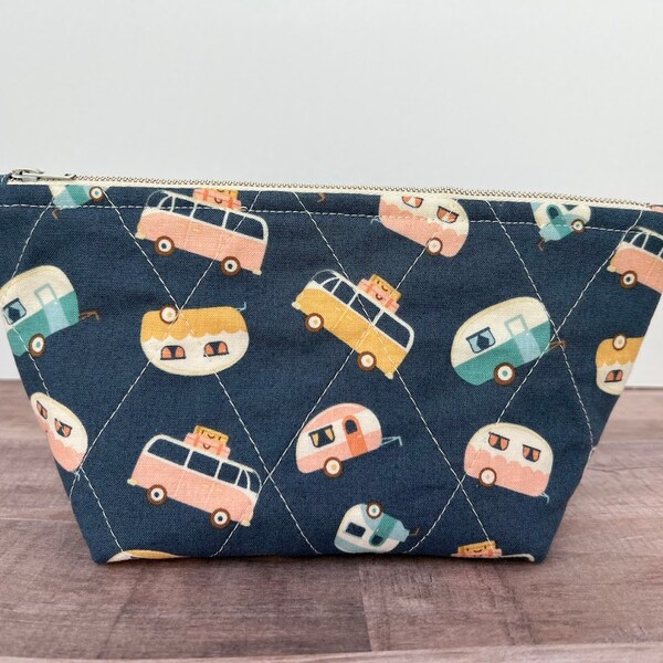 Quilted Zipper Pouch with Flat Bottom. Blue with Retro Campers. Small pouch for purse or travel. Perfect Gift!