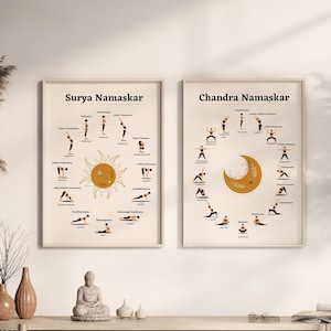 Yoga-Poster | Sonne & Mond Gruß |2er Set | Druckbare Wanddekoration | Sofortiger digitaler Download | Yoga-Haltungen | Achtsame Kunst | Home Gym Dekor