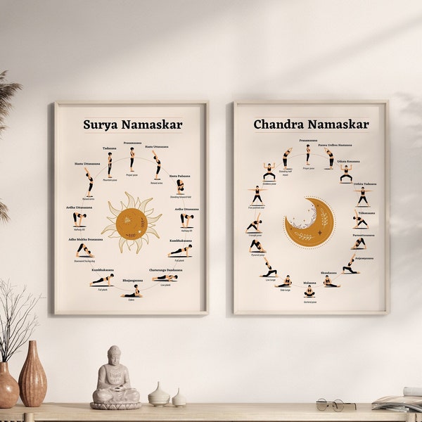 Yoga poster | Sun & Moon salutation  |Set of 2 | Printable wall decor | Instant digital download | Yoga poses | Mindful art | Home Gym decor