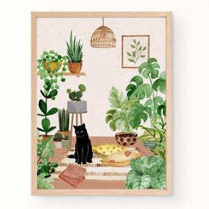 猫と植物のアート | 印刷可能なデザイン | ボヘミアン風植物装飾アート | 黒猫アート | 壁アート装飾 | レトロヴィンテージ装飾 | デジタルダウンロード