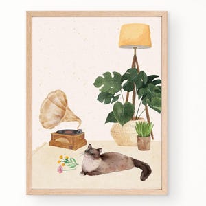 Siamese Cat cat & plants art | Printable design | Boho botanical decor art | Wall art decor | Retro Vintage decor  | Digital download
