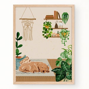 Art chien et plantes | Modèle imprimable | Art déco botanique bohème |  Art de chien | Art mural décoratif | Décoration vintage rétro | Téléchargement numérique