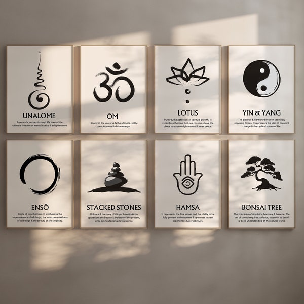 Symboles zen et signification |Ensemble de 8| Imprimable| Téléchargement numérique| Décor d'art de méditation | Affiche d'art consciente | Conception abstraite spirituelle