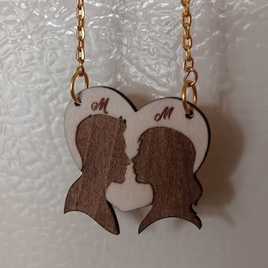 M initial wooden engraved heart necklace