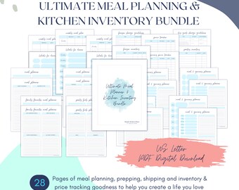 Ultimate Meal Planning and Kitchen Inventory Bundle | Digital Download PDF Printable Planner | Blue, Modern & Minimalist