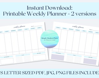 Blue Modern Minimalist Undated Weekly Planner | Printable Digital Download | PDF, png, jpg