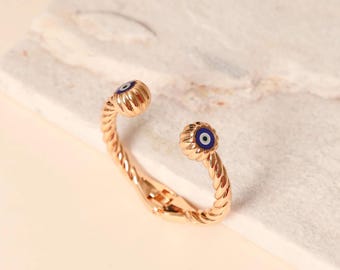 18K Gold Plated Evil Eye Spring Open Bangle, Twisted Gold Cuff Bracelet, Protection Jewelry, Ideal for Small Wrists